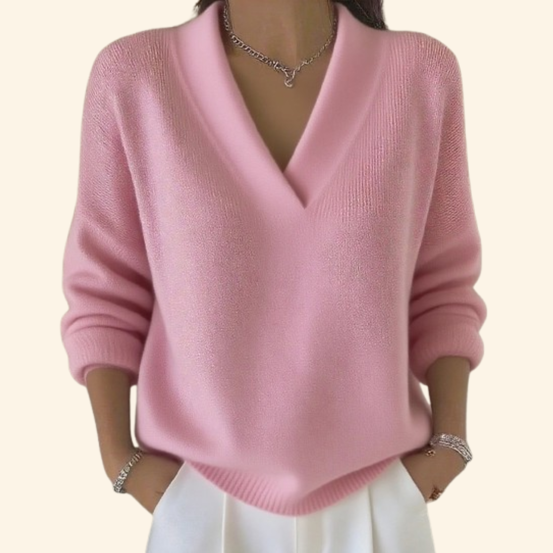 Women's Relaxed V-Neck Jumper – Soft Knit – Pink