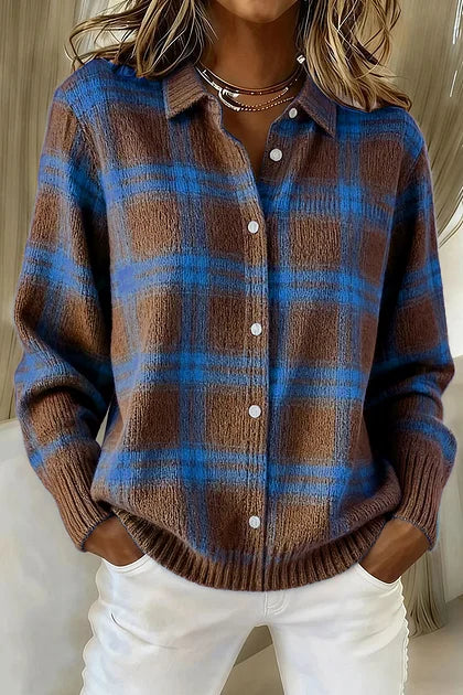 Women's Long Cardigan – Relaxed Office & Casual Layer – Brown Blue Plaid