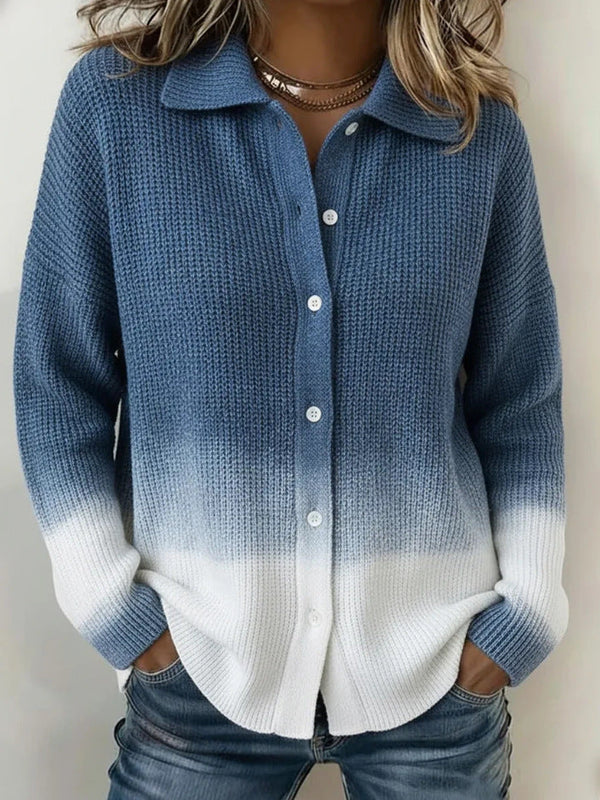 Women's Long Cardigan – Relaxed Office & Casual Layer – Blue White Gradient
