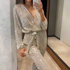 Women's Long Sleeve Deep V-Neck Jumpsuit - Comfortable Fabric for Casual or Dressy Occasions