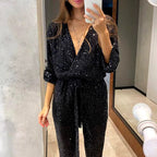 Women's Long Sleeve Deep V-Neck Jumpsuit - Comfortable Fabric for Casual or Dressy Occasions