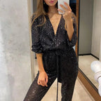 Women's Long Sleeve Deep V-Neck Jumpsuit - Comfortable Fabric for Casual or Dressy Occasions