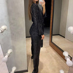 Women's Long Sleeve Deep V-Neck Jumpsuit - Comfortable Fabric for Casual or Dressy Occasions