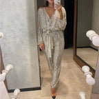 Women's Long Sleeve Deep V-Neck Jumpsuit - Comfortable Fabric for Casual or Dressy Occasions