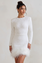 Women's Long Sleeve Mini Dress with Feather Hem Detail for Casual or Evening Wear