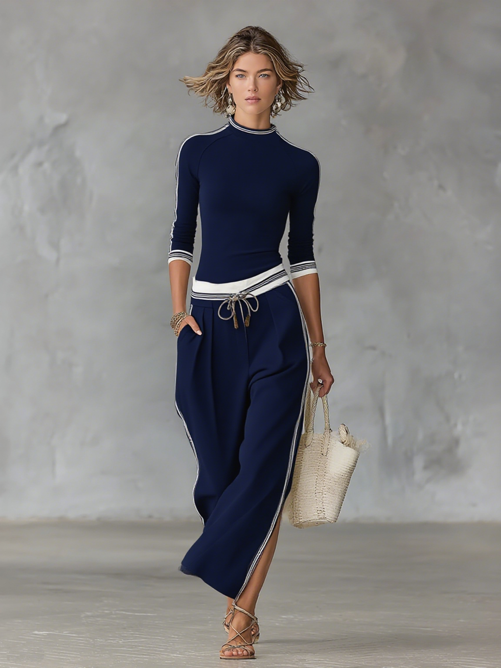 Women's Long-Sleeve Sports Set with Drawstring Wide-Leg Pants - MDA2569G9Y