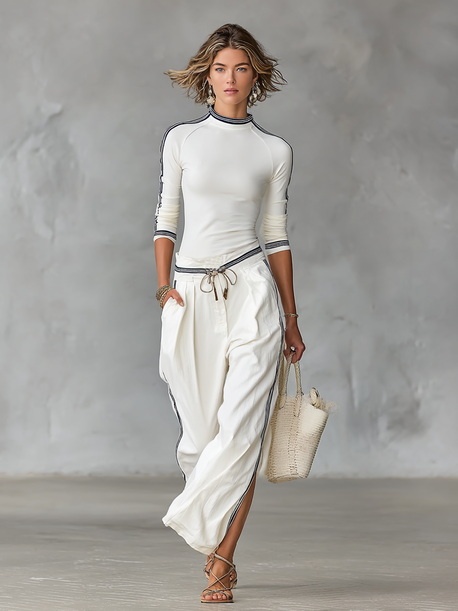 Women's Long-Sleeve Sports Set with Drawstring Wide-Leg Pants - MDA2569G9Y