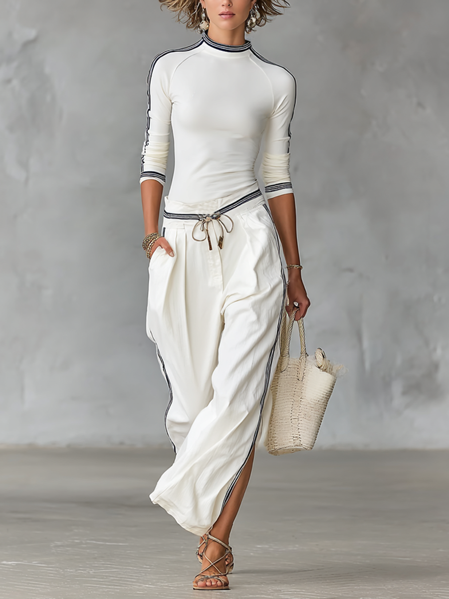 Women's Long-Sleeve Sports Set with Drawstring Wide-Leg Pants - MDA2569G9Y