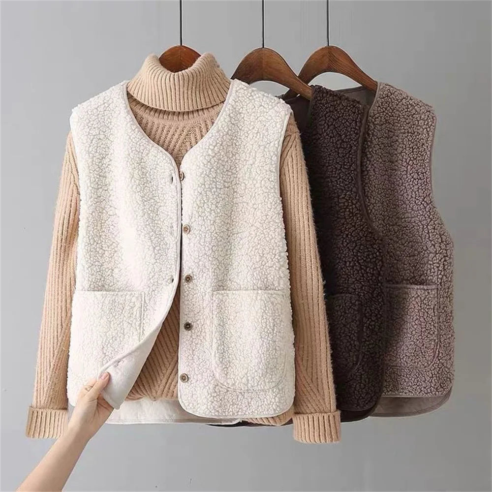 Women's Lamb Wool Blend Fleece Gilet – Button-Up