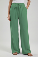 Women's Palazzo Trousers with Drawstring Waist & Side Pockets – Dark Green
