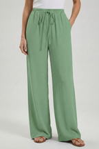 Women's Palazzo Trousers with Drawstring Waist & Side Pockets – Bean Green