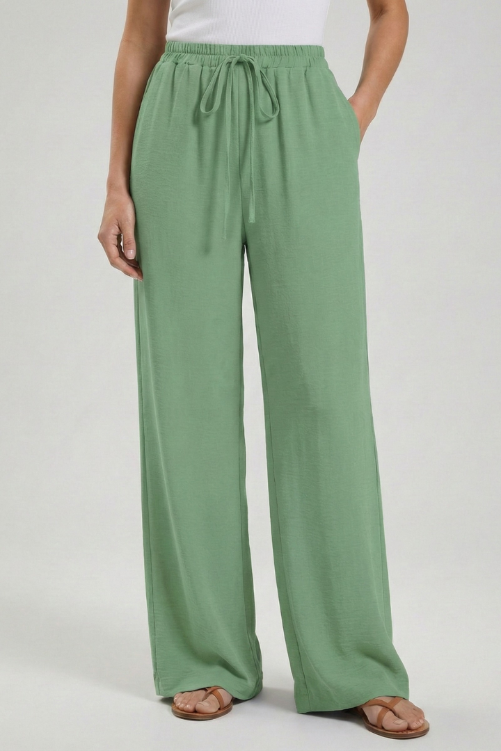 Women's Palazzo Trousers with Drawstring Waist & Side Pockets – Bean Green
