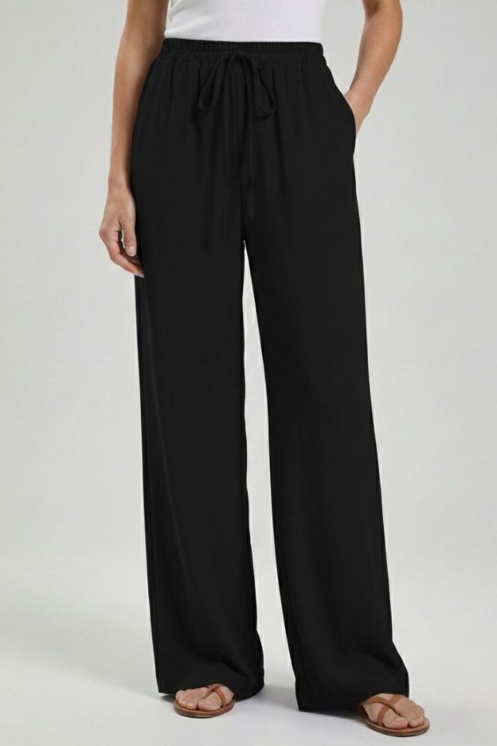 Women's Palazzo Trousers with Drawstring Waist & Side Pockets – Black