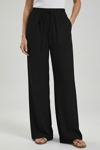 Women's Palazzo Trousers with Drawstring Waist & Side Pockets – Black