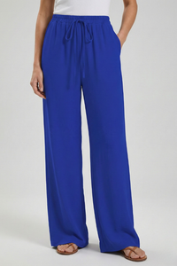Women's Palazzo Trousers with Drawstring Waist & Side Pockets – Blue