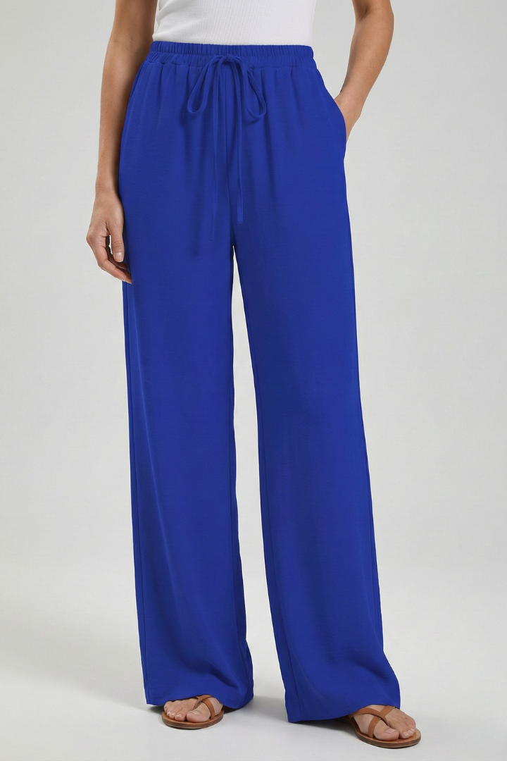 Women's Palazzo Trousers with Drawstring Waist & Side Pockets – Blue