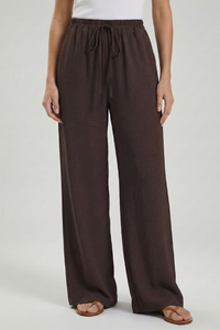 Women's Palazzo Trousers with Drawstring Waist & Side Pockets – Dark Brown