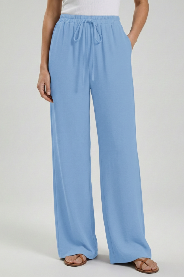 Women's Palazzo Trousers with Drawstring Waist & Side Pockets – Light Blue