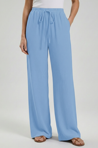 Women's Palazzo Trousers with Drawstring Waist & Side Pockets – Light Blue