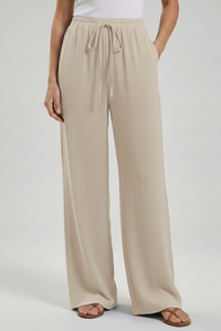 Women's Palazzo Trousers with Drawstring Waist & Side Pockets – Beige