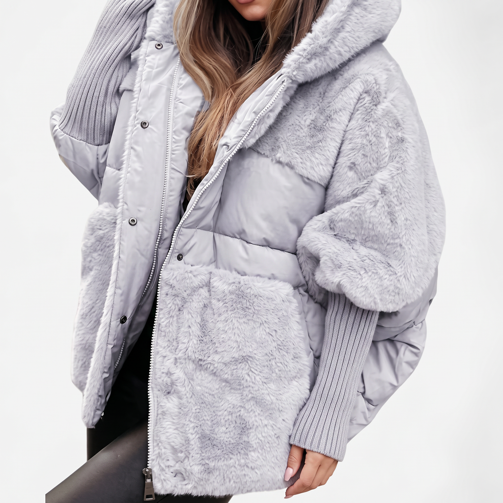 Women's Hooded Plush Winter Coat – Quilted & Faux Fur – Grey