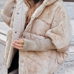 Women's Hooded Plush Winter Coat – Quilted & Faux Fur – Beige