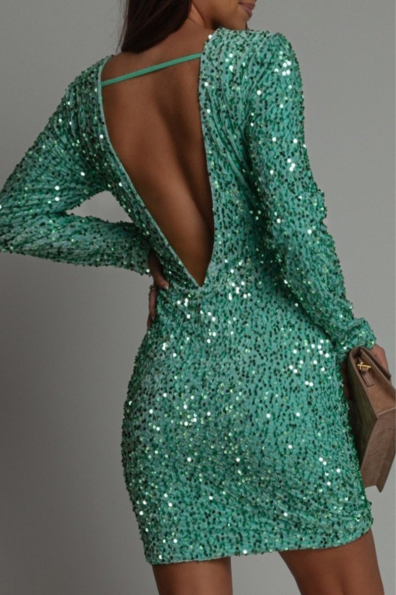 Women's Sequin Long Sleeve Dress with Round Neckline for Evening Events and Parties