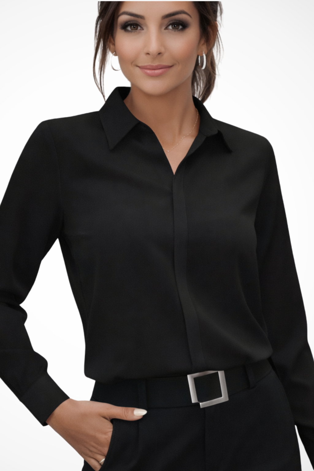 Women's Tailored Long Sleeve Collared Blouse - Elegant Fit for Office Wear