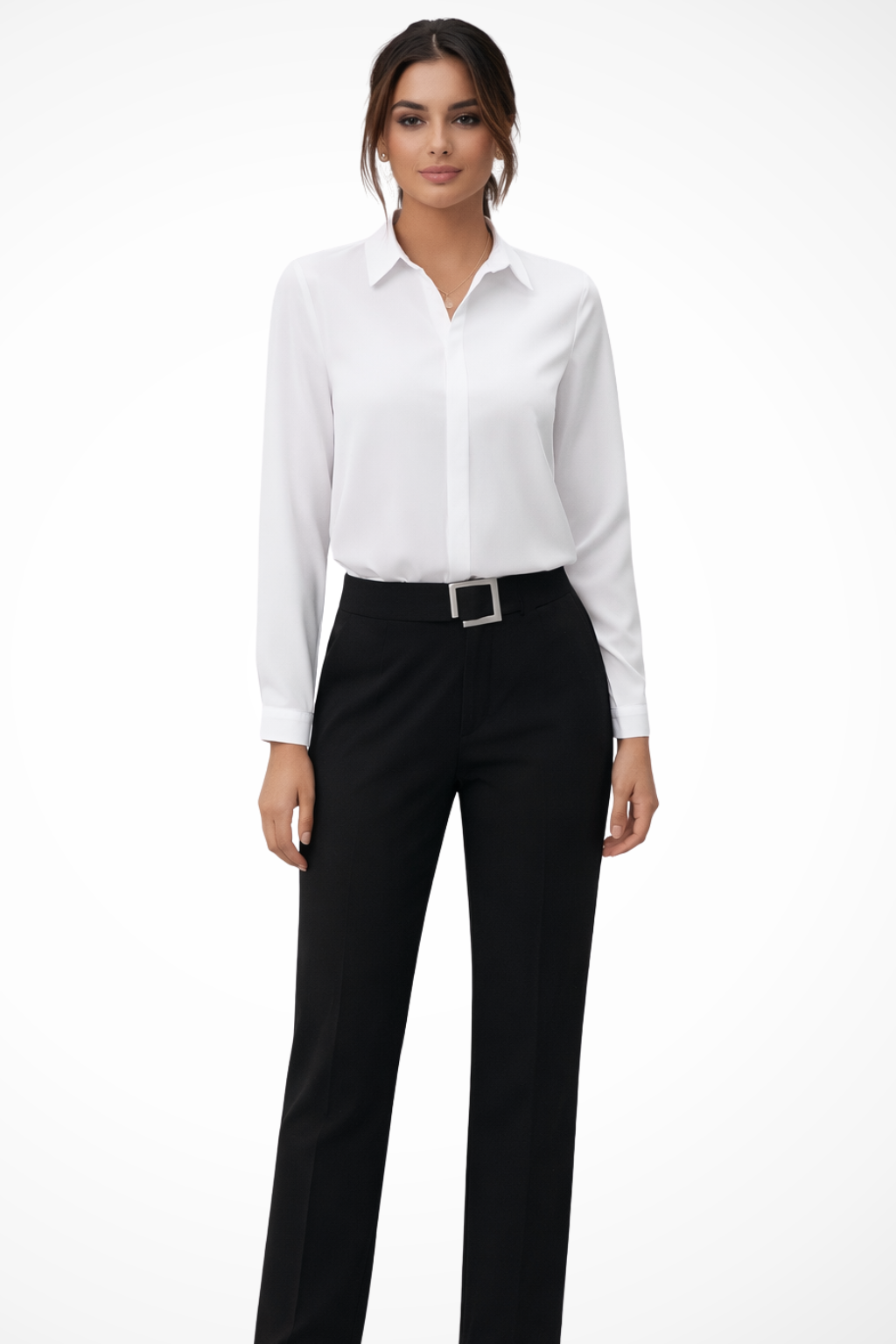 Women's Tailored Long Sleeve Collared Blouse - Elegant Fit for Office Wear