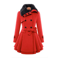 Women's Faux Fur Trimmed Belted Trench Coat – Red