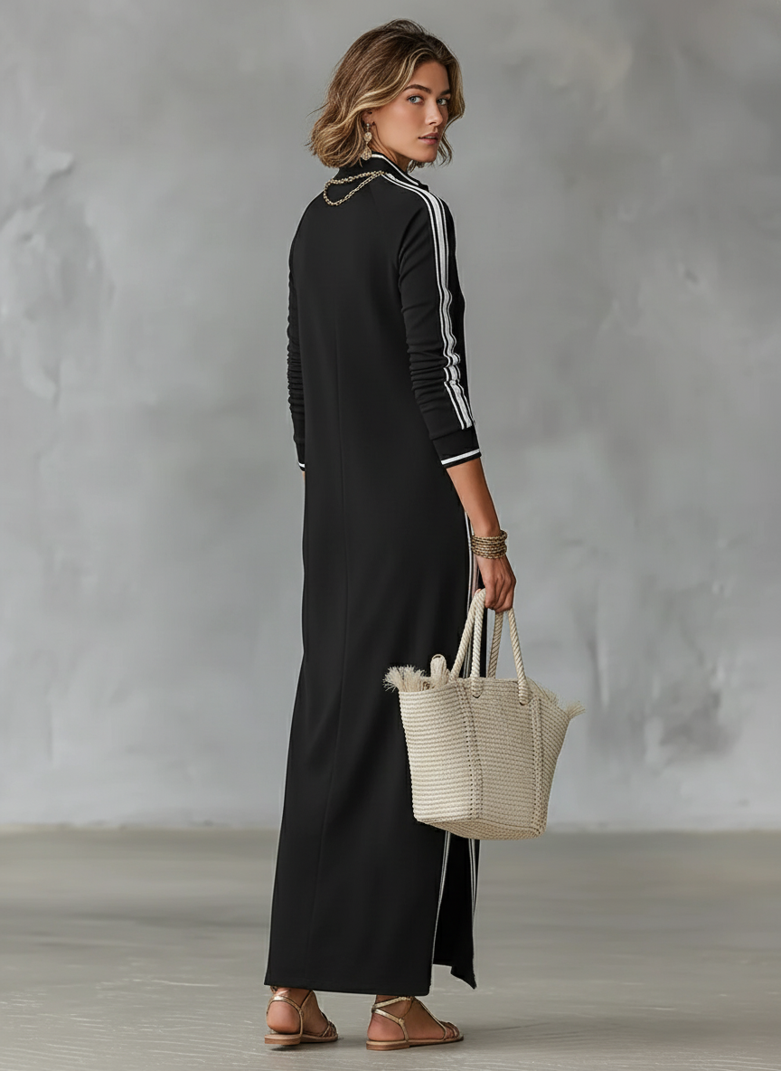 Women's White-Trimmed Button-Down Maxi Sweatshirt Dress for Casual Wear