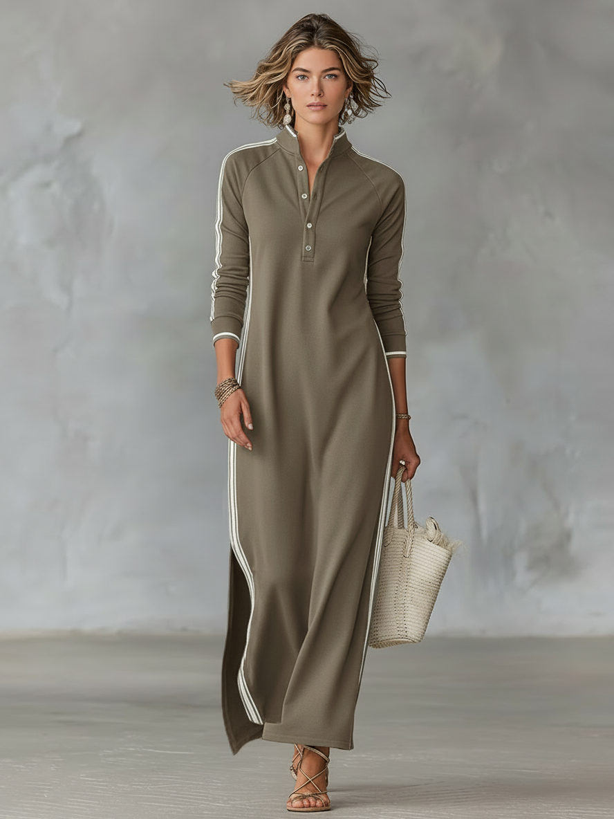 Women's White-Trimmed Button-Down Maxi Sweatshirt Dress for Casual Wear