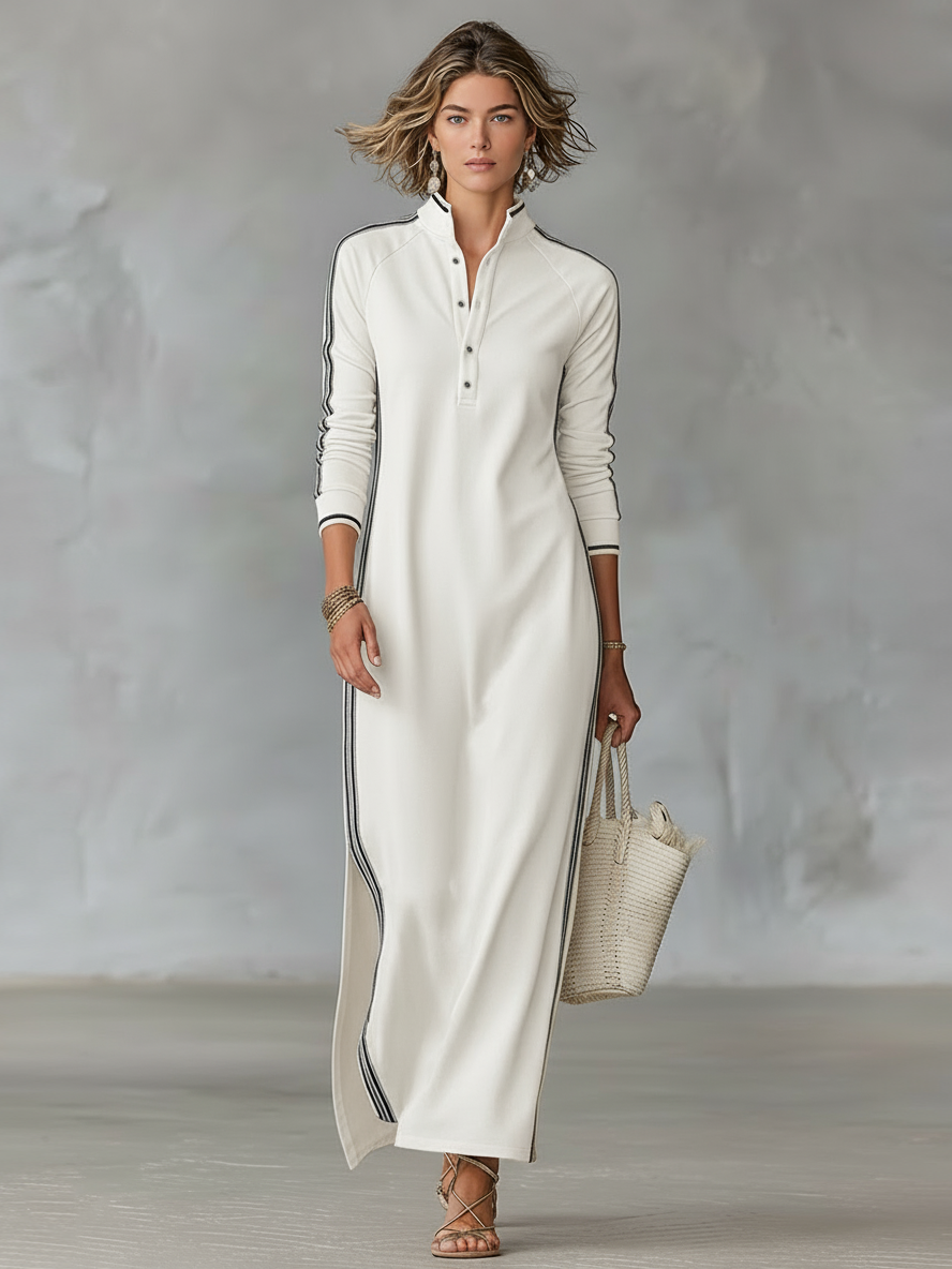 Women's White-Trimmed Button-Down Maxi Sweatshirt Dress for Casual Wear