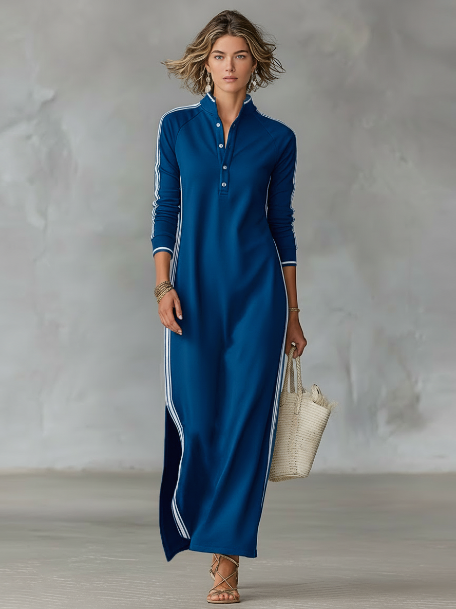 Women's White-Trimmed Button-Down Maxi Sweatshirt Dress for Casual Wear