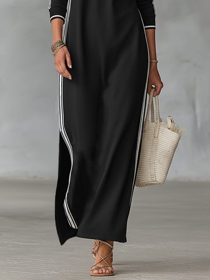 Women's White-Trimmed Button-Down Maxi Sweatshirt Dress for Casual Wear