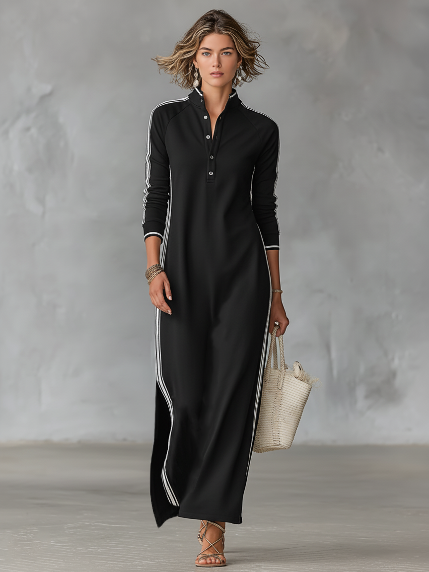 Women's White-Trimmed Button-Down Maxi Sweatshirt Dress for Casual Wear