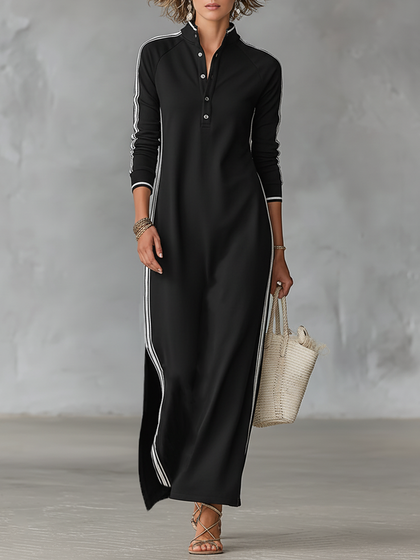 Women's White-Trimmed Button-Down Maxi Sweatshirt Dress for Casual Wear
