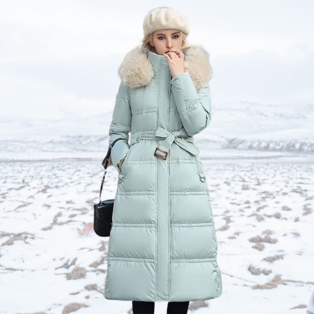 Women's Winter Parka with Fur-Trimmed Hood – Blue and White