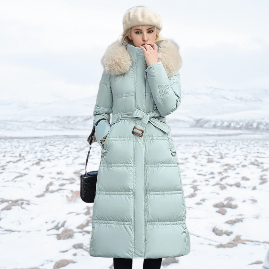 Women's Winter Parka with Fur-Trimmed Hood – Blue and White
