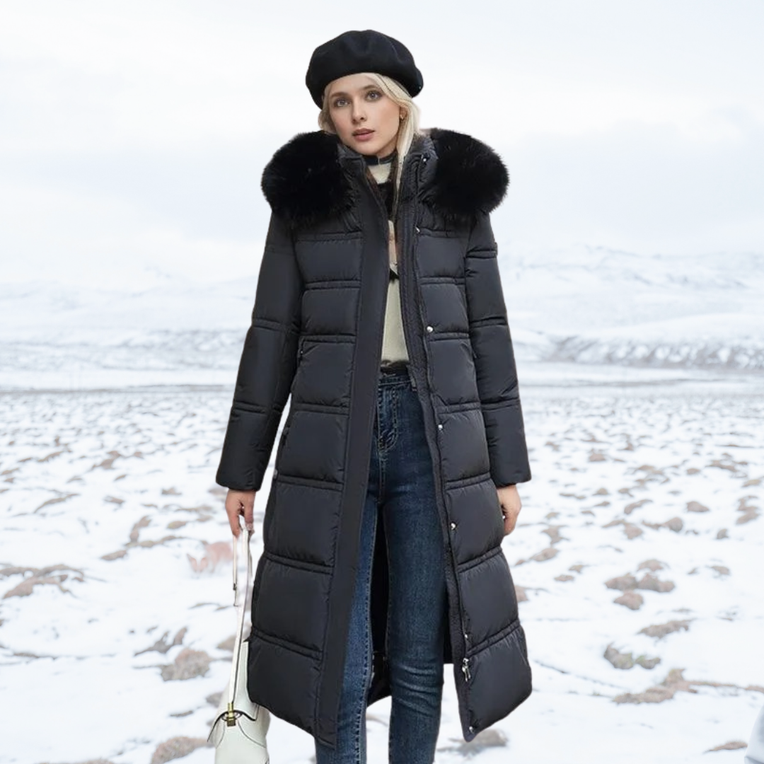 Women's Winter Parka with Fur-Trimmed Hood – Black