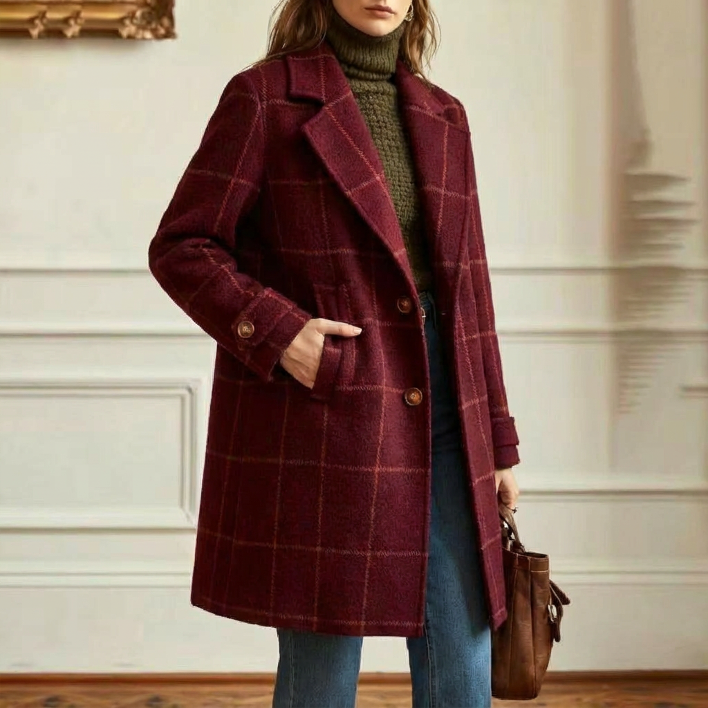 Women's Wool Check Coat – Casual, Office
