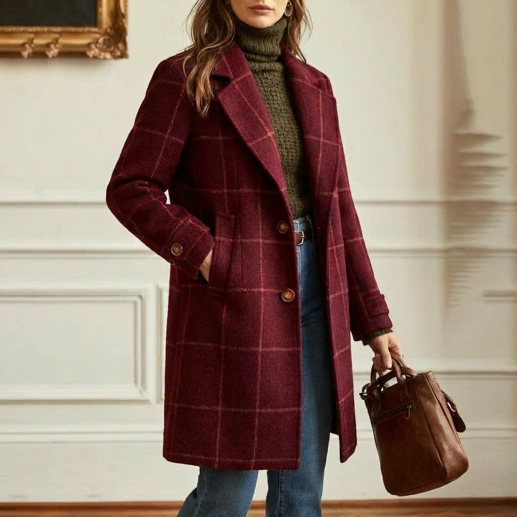 Women's Wool Check Coat – Casual, Office
