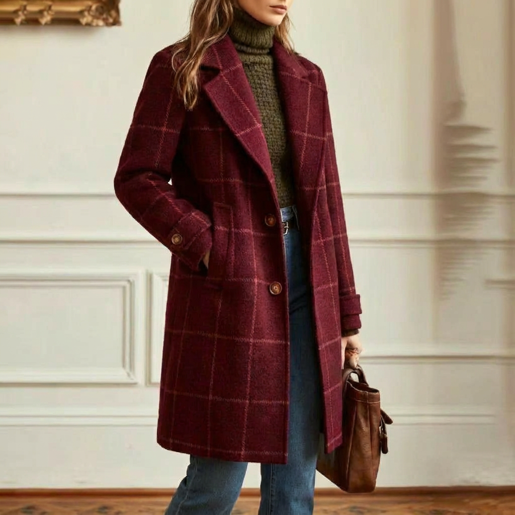 Women's Wool Check Coat – Casual, Office