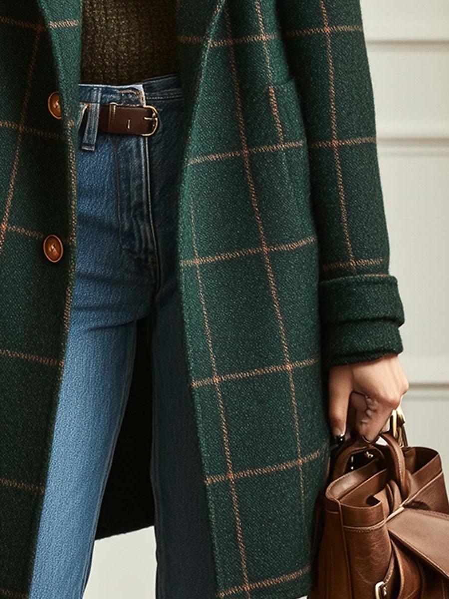 Women's Wool Check Coat – Casual, Office