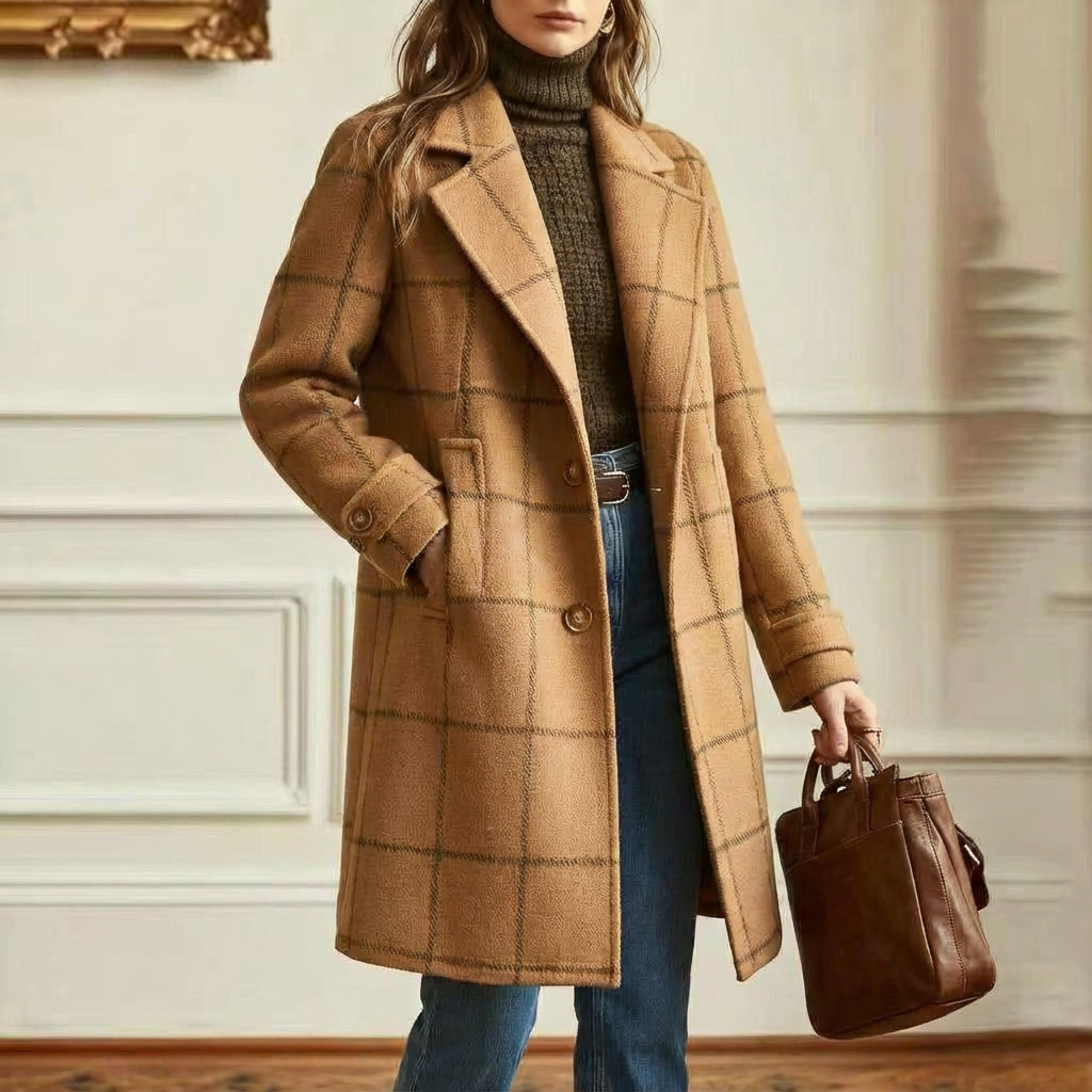 Women's Wool Check Coat – Casual, Office