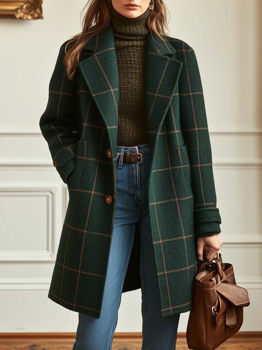 Women's Wool Check Coat – Casual, Office