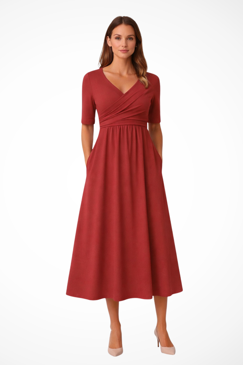 Wrap Front Short Sleeve Midi Dress for Women - Casual Chic Style