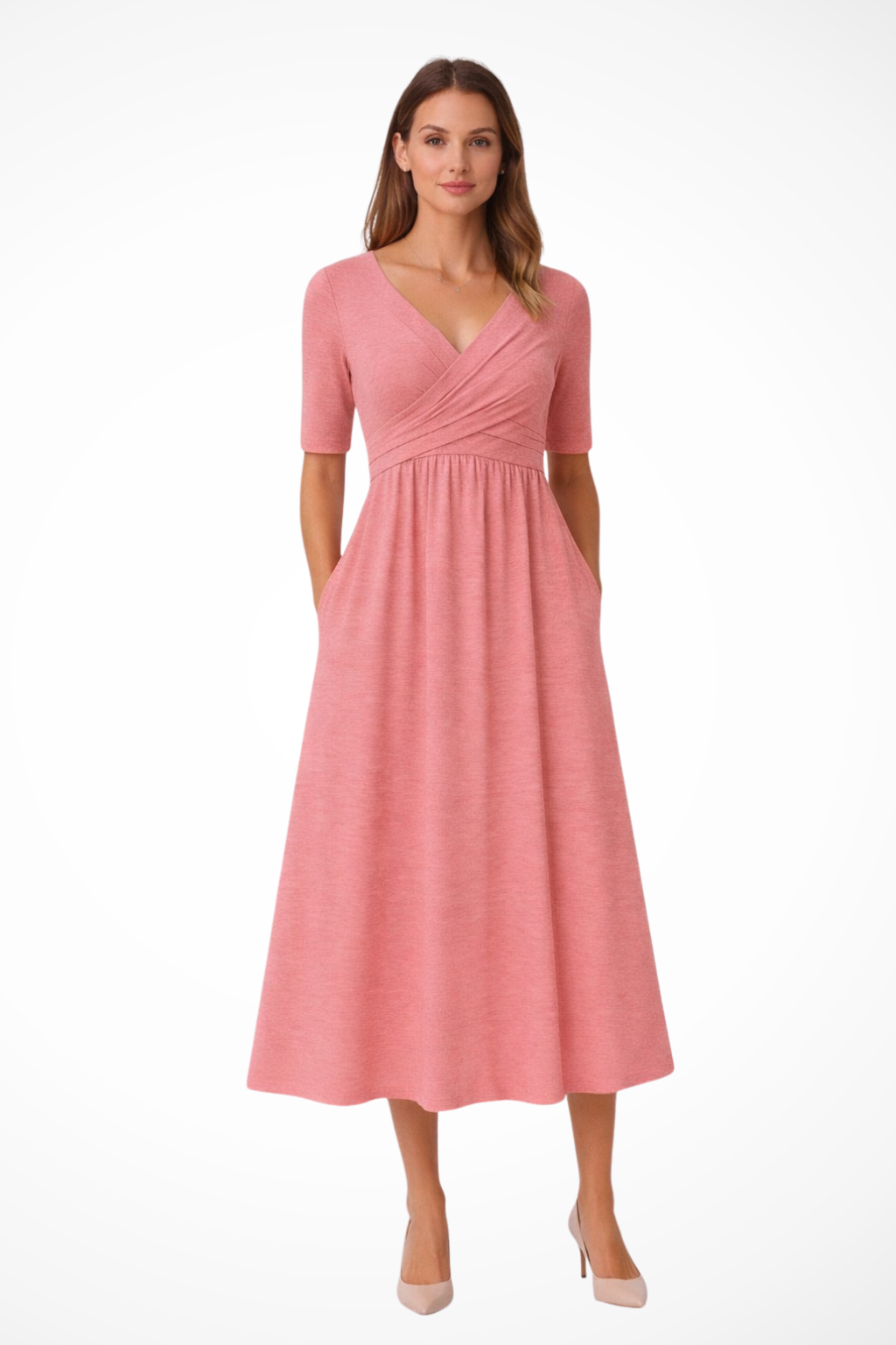 Wrap Front Short Sleeve Midi Dress for Women - Casual Chic Style
