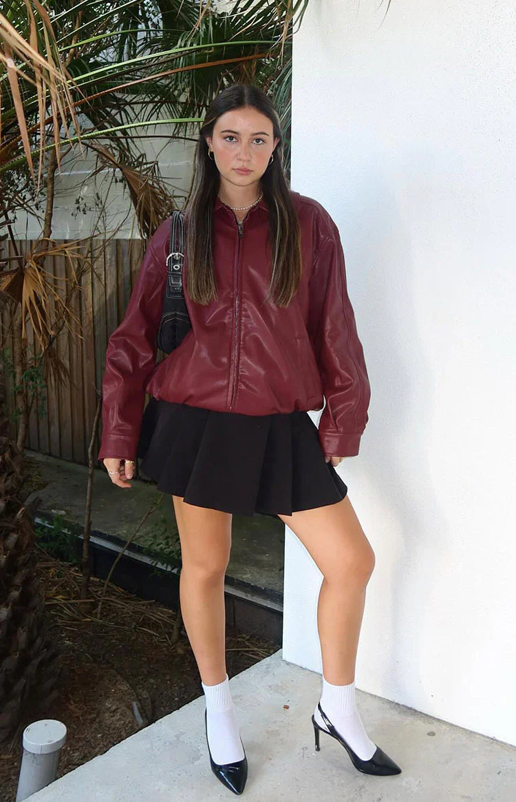 Rote PU Bomberjacke – Casual, Streetwear