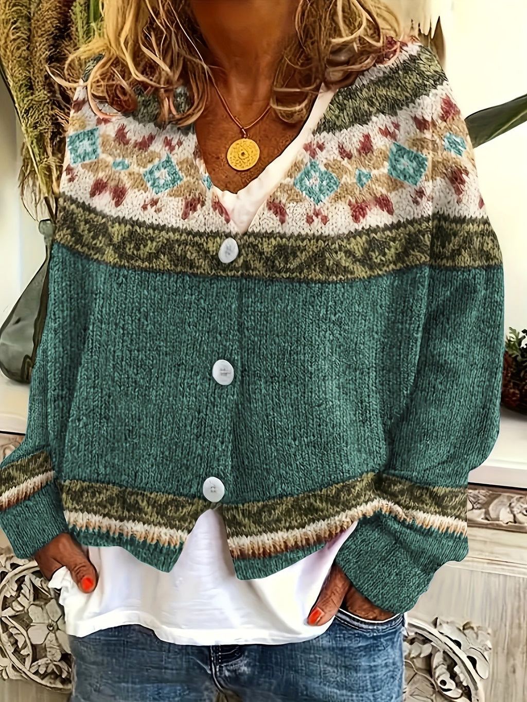 Patterned Button-Front Cardigan – Casual Wear, Layering